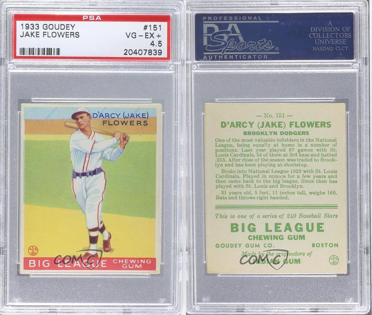 1933 Goudey Big League Chewing Gum R319 151 Jake Flowers PSA 4.5