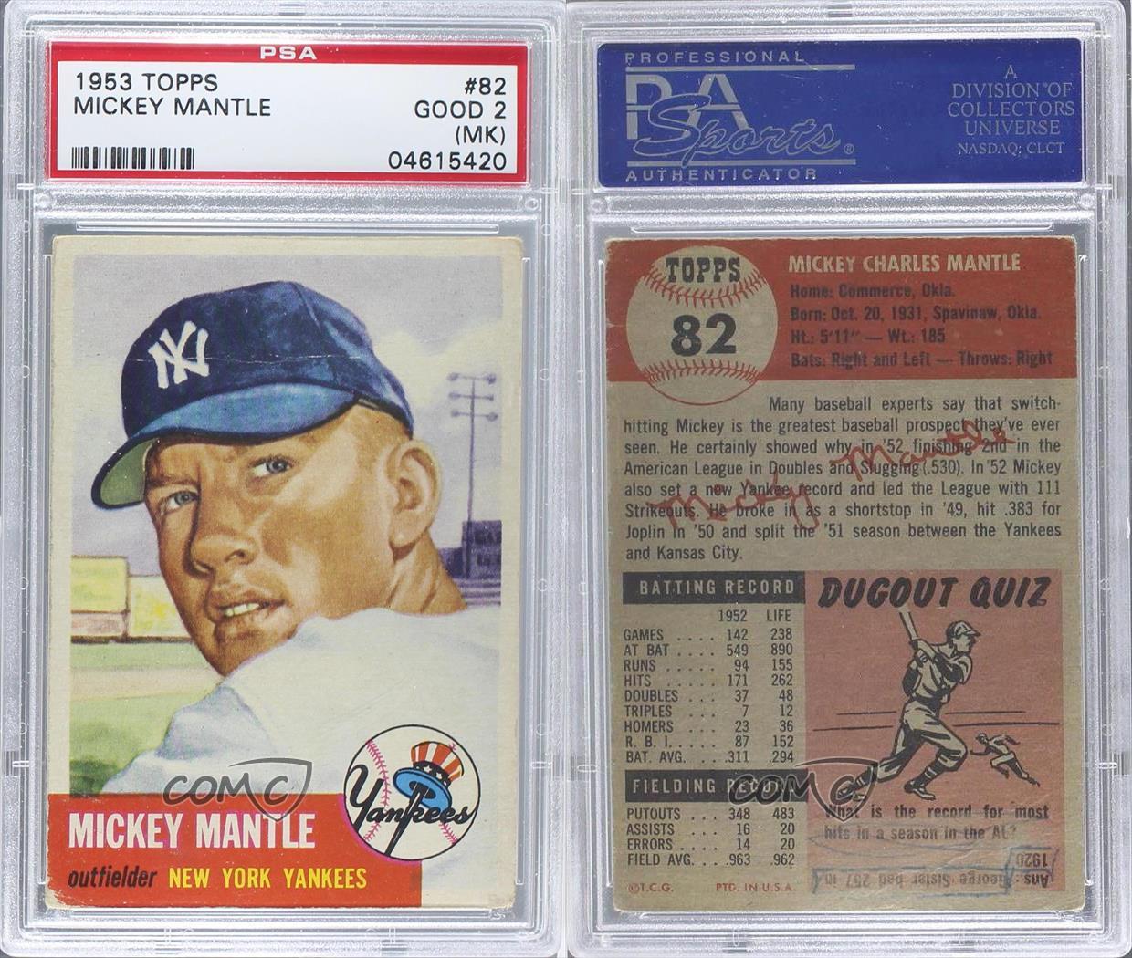 1953 Topps 82 Mickey Mantle PSA 2 (MK) New York Yankees Baseball Card