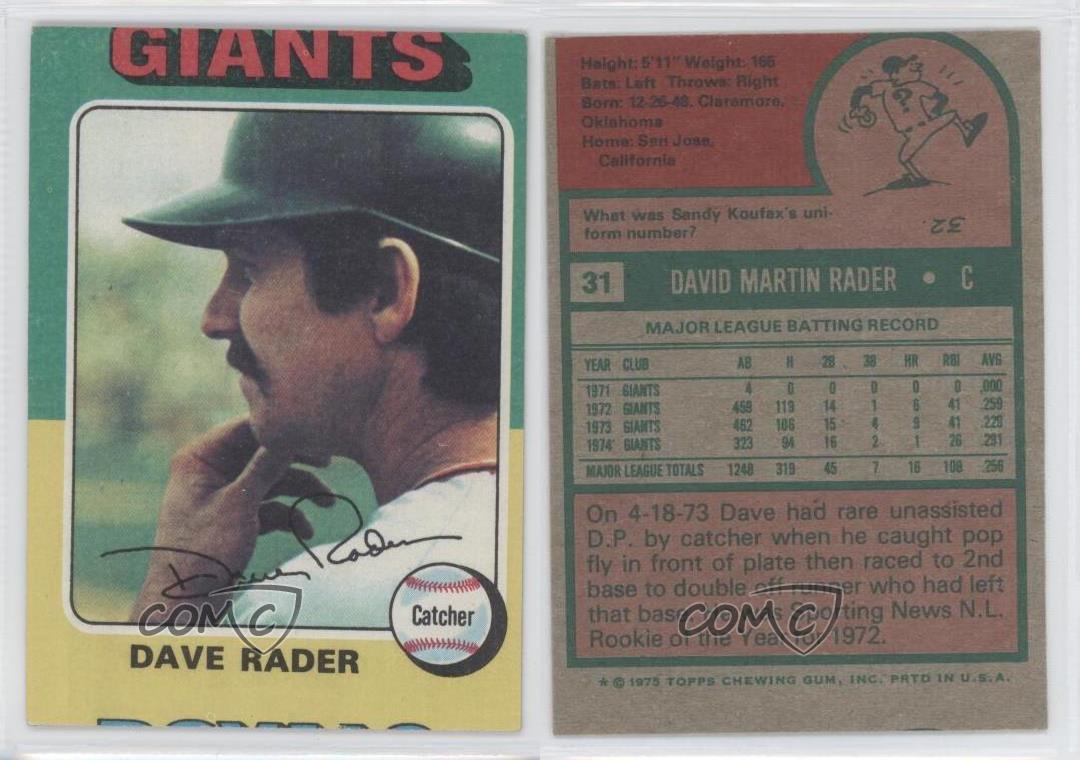 1975 Topps 31 Dave Rader San Francisco Giants Baseball Card eBay