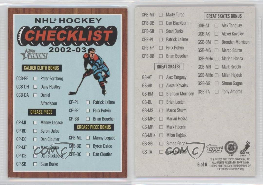 200203 Topps Heritage Checklists 6 Checklist Hockey Card eBay