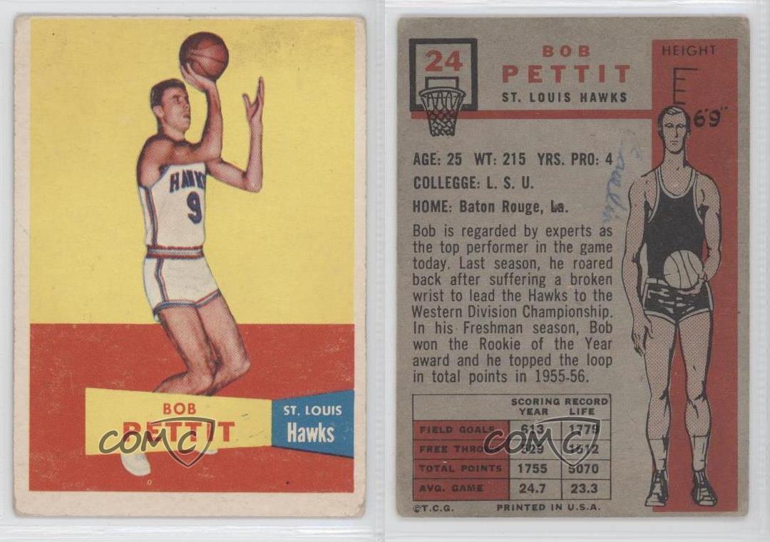 1957-58 Topps #24 Bob Pettit St. Louis Hawks RC Rookie Basketball Card | eBay