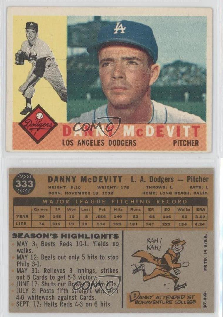 1960 Topps 333 Danny McDevitt Los Angeles Dodgers Baseball Card eBay