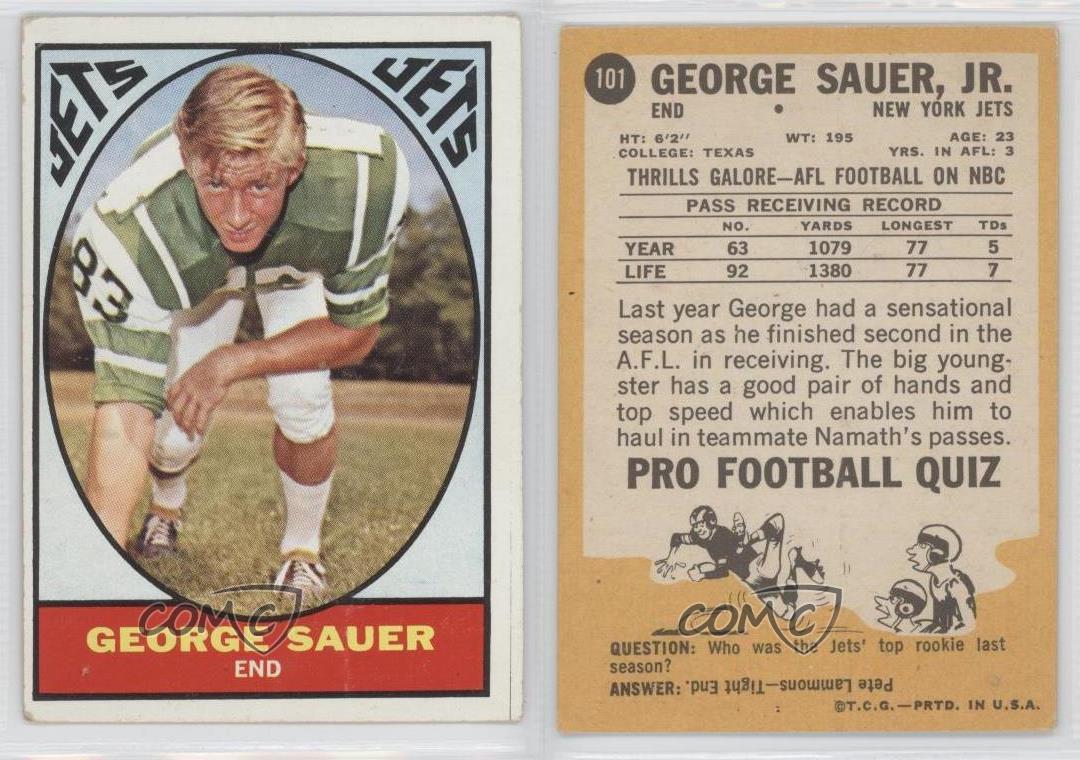 1967 Topps 101 Sauer New York Jets Football Card eBay