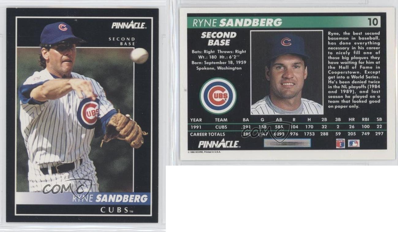 1992 Pinnacle 10 Ryne Sandberg Chicago Cubs Baseball Card eBay