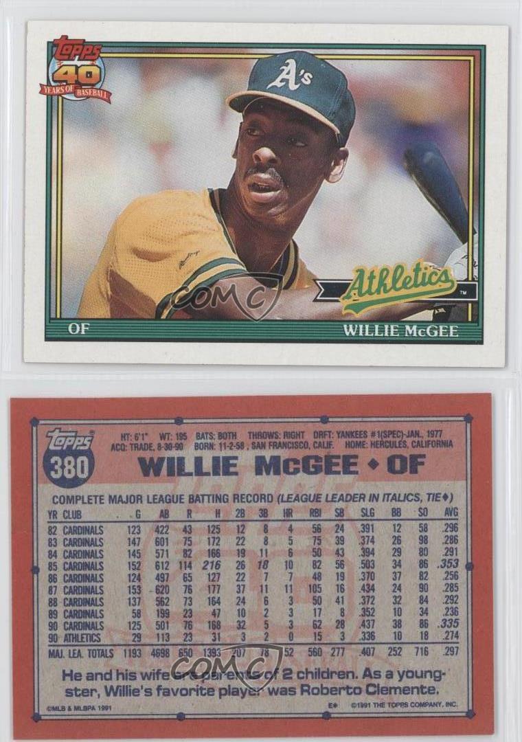 1991 Topps 380 Willie McGee Oakland Athletics Baseball Card eBay