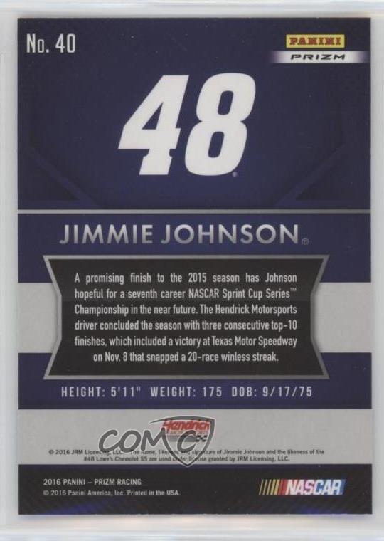 2016 Panini Prizm NASCAR Red White & Blue #40 Jimmie Johnson Racing ...