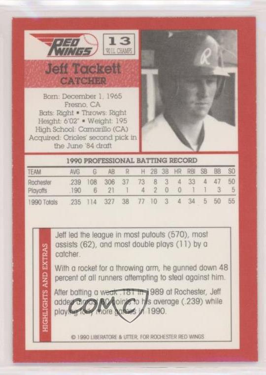 1990 Liberatore & Utter Rochester Red Wings Jeff Tackett #13 - Picture 2 of 4