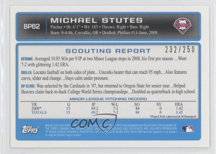 2009 Bowman Prospects Orange /250 Michael Stutes #BP62 - Zdjęcie 2 z 4
