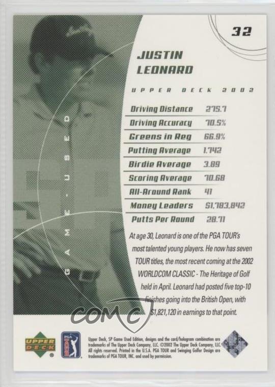 Details About 2002 Sp Game Used Edition 32 Justin Leonard Golf Card