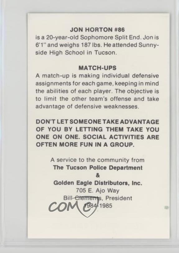 Details About 1984 1984 85 University Of Arizona Wildcats Tucson Police Jon Horton Rookie Card