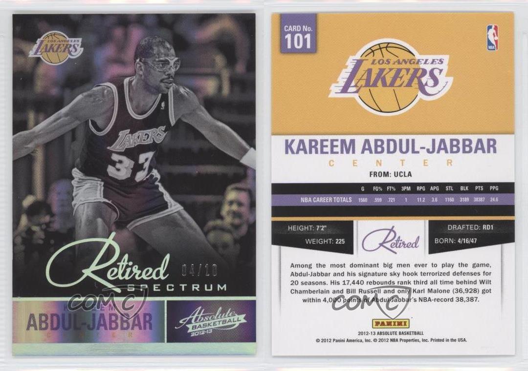 2012-13 Absolute Retired Spectrum Platinum /10 Kareem Abdul-Jabbar #101 HOF - Picture 3 of 3