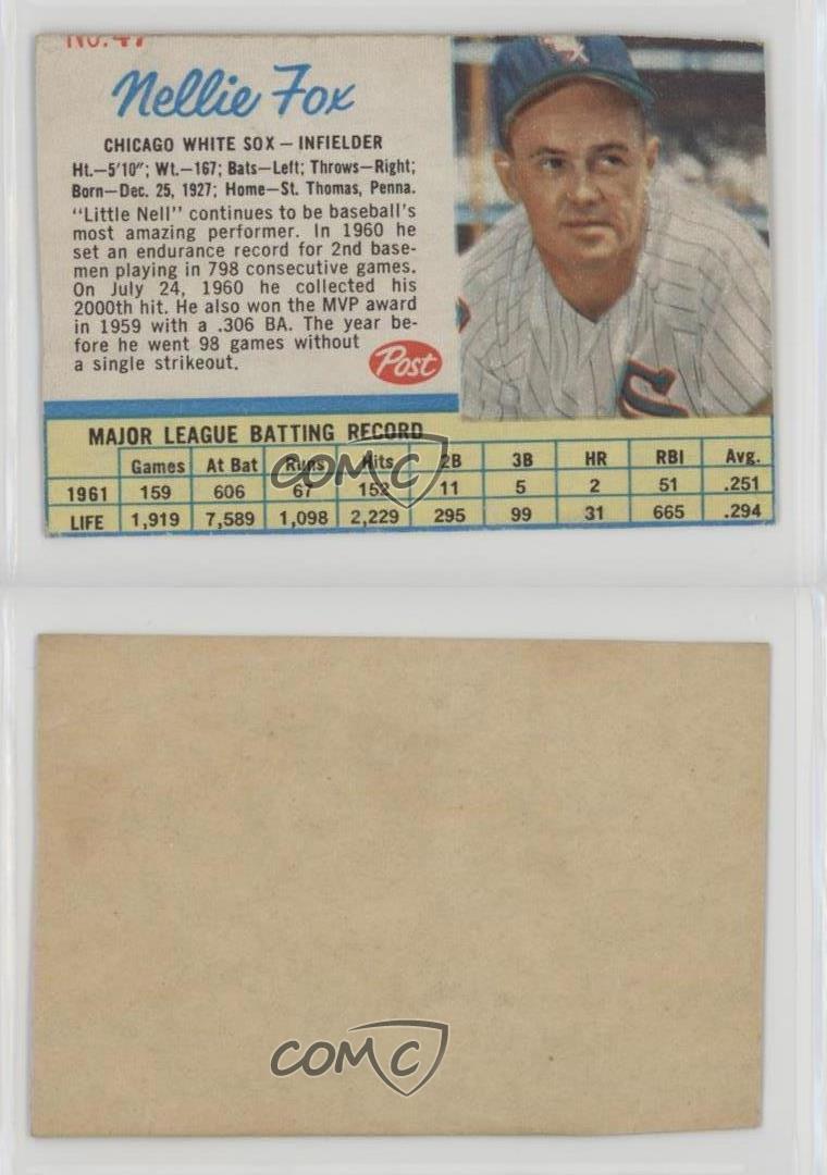 Lot - (EX-EXMT) 1962 Post Cereal Nellie Fox #47 Baseball Card - HOF - Chicago  White Sox