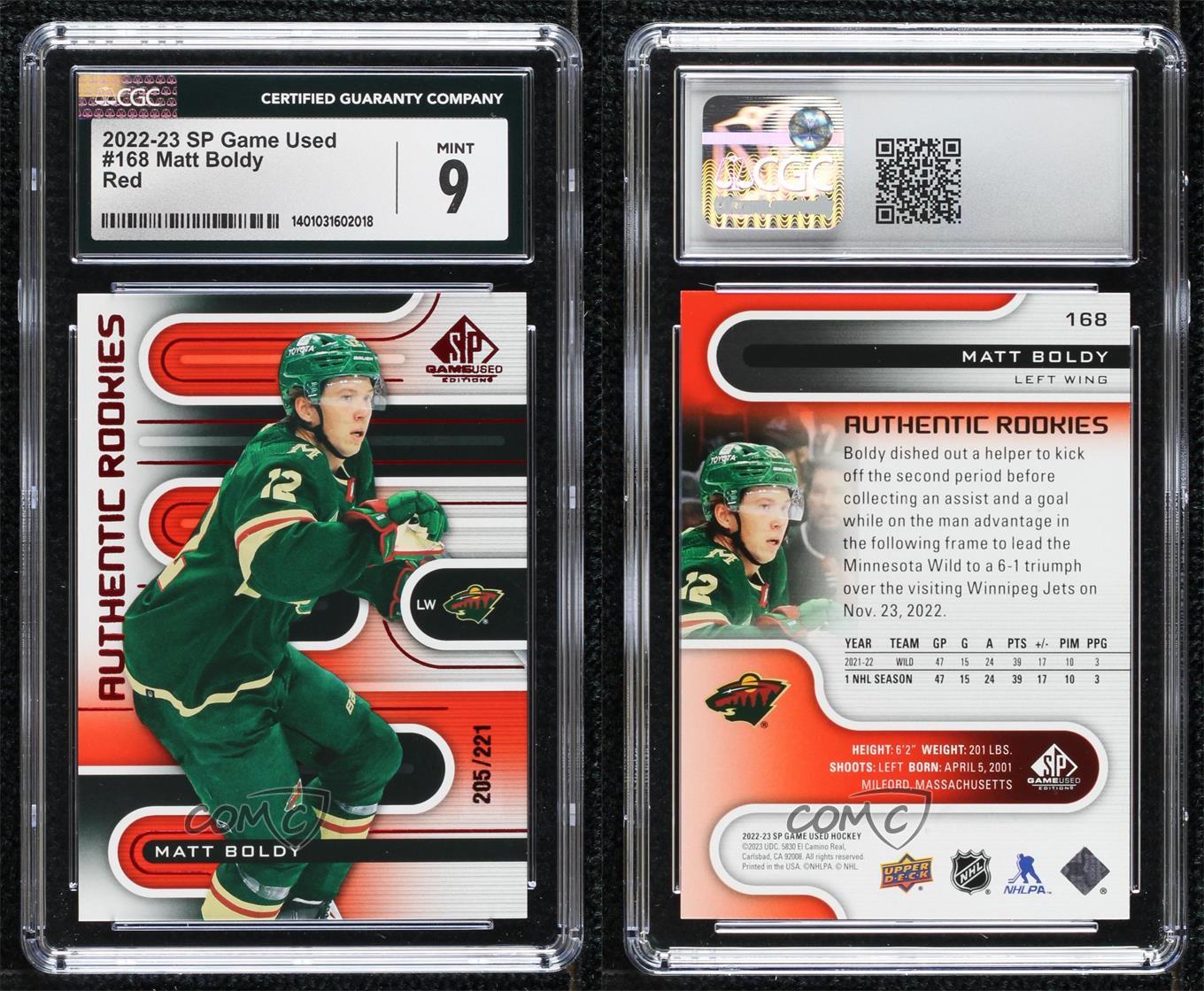 2022-23 SP Game Used Authentic Rookies Red /221 Matt Boldy CGC 9 Mint Rookie RC - Picture 3 of 3