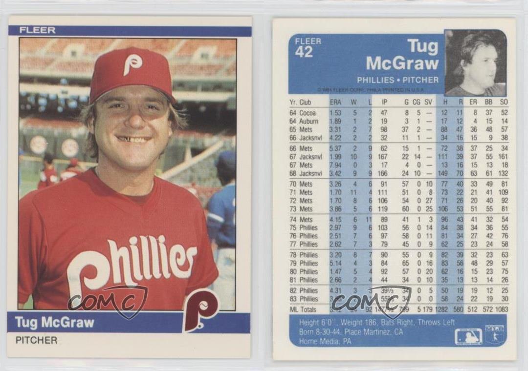 Tug McGraw autographed baseball card (Philadelphia Phillies) 1984 Fleer #42