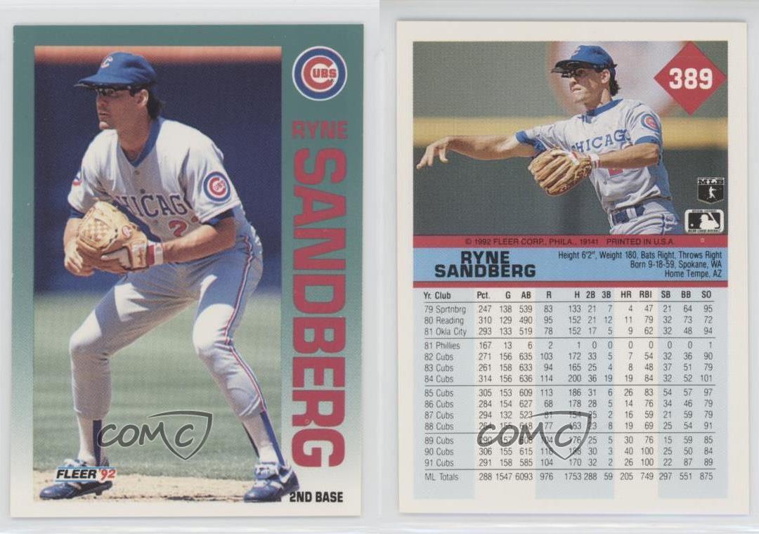 1992 Fleer 389 Ryne Sandberg Chicago Cubs Baseball Card eBay