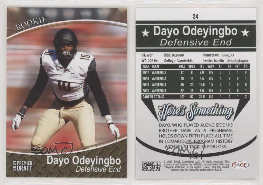 Condition 2021 SAGE Hit Premier Draft Gold #24 Dayo Odeyingbo Vanderbilt Commodores Pre Rookie Football Trading Card in Raw NM or Better 