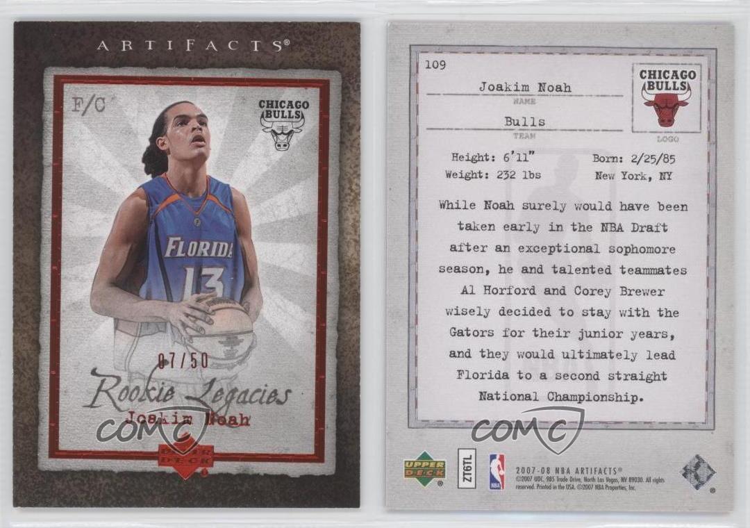 Artefactos de cubierta superior 2007-08 Rookie Legacies rojo/50 Joakim Noah #109 novato radiocontrol - Imagen 3 de 3