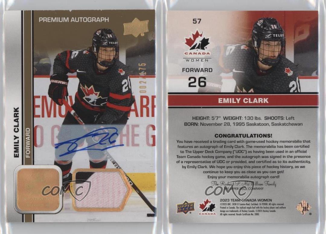 2023 Upper Deck Team Canada Juniors - Women's WC Autograph Patch #57 Emily Clark /175 (AU, MEM, RC)