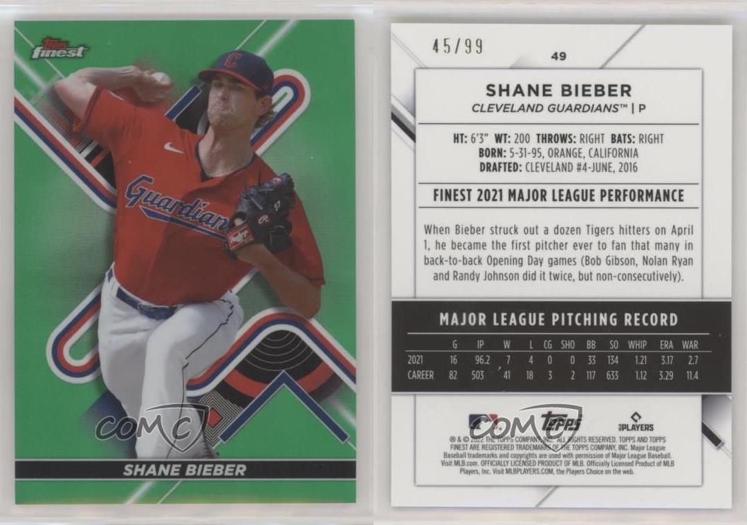 2022 Topps Finest Green Refractor /99 Shane Bieber #49 - Picture 3 of 4