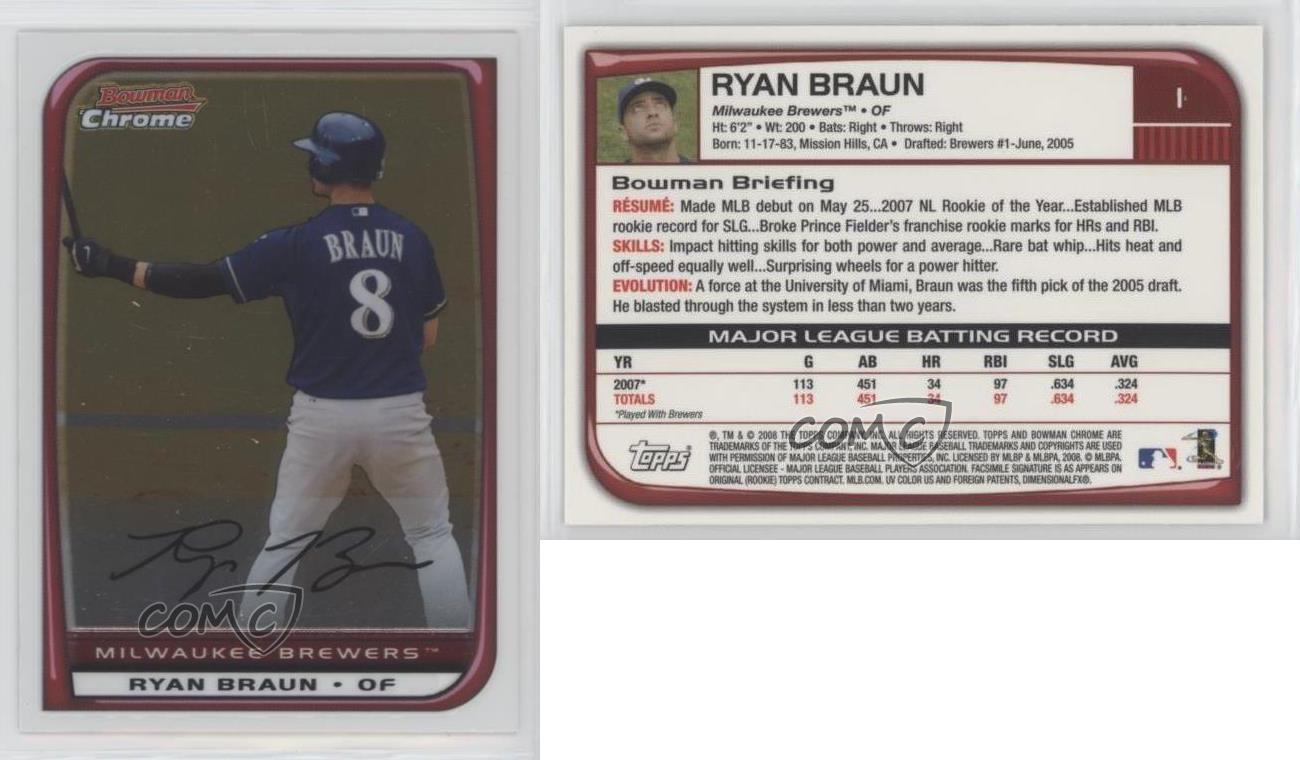  2008 Bowman Baseball Card #1 Ryan Braun : Collectibles & Fine  Art