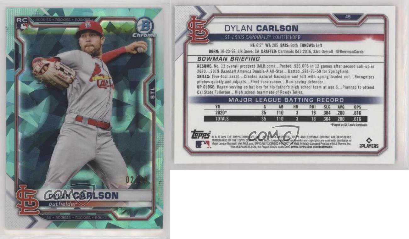 2021 Bowman Chrome Sapphire Edition Aqua Refractor /99 Dylan Carlson Rookie RC - Foto 4 di 4