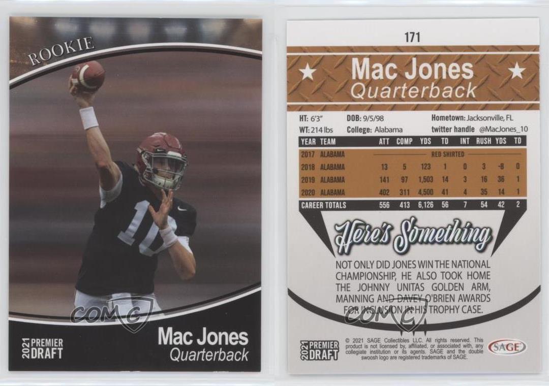 2021 SAGE Hit Premier Draft #171 Mac Jones Pre-Rookie NCAA Football Trading Card in Raw Condition NM or Better 