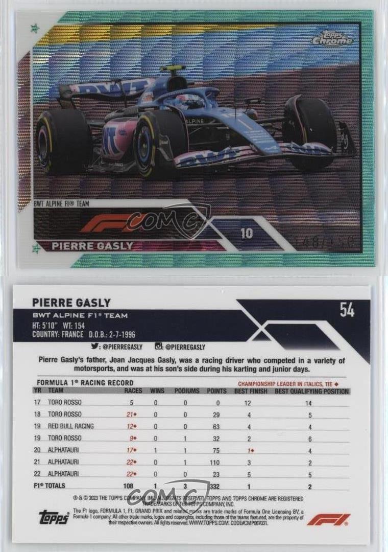 2023 Topps Chrome Formula 1 F1 Drivers Aqua Wave Refractor /150 Pierre Gasly #54