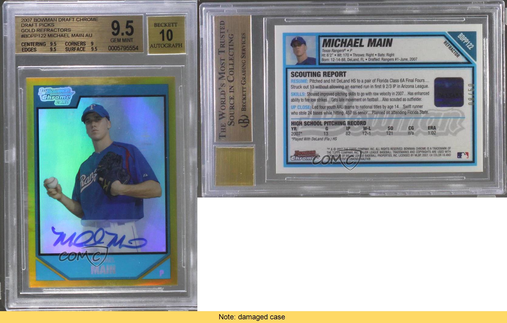 2007 Bowman Draft Chrome Picks Gold Refractor /50 Michael Main BGS 9.5 Auto