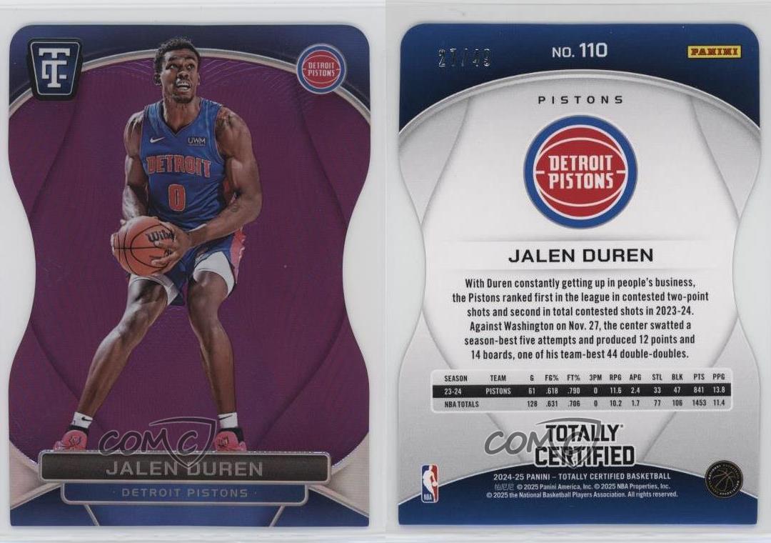 2024-25 Panini Totalmente Certificato Viola Platino Specchio Die-Cut /49 Jalen Duren - Foto 3 di 3