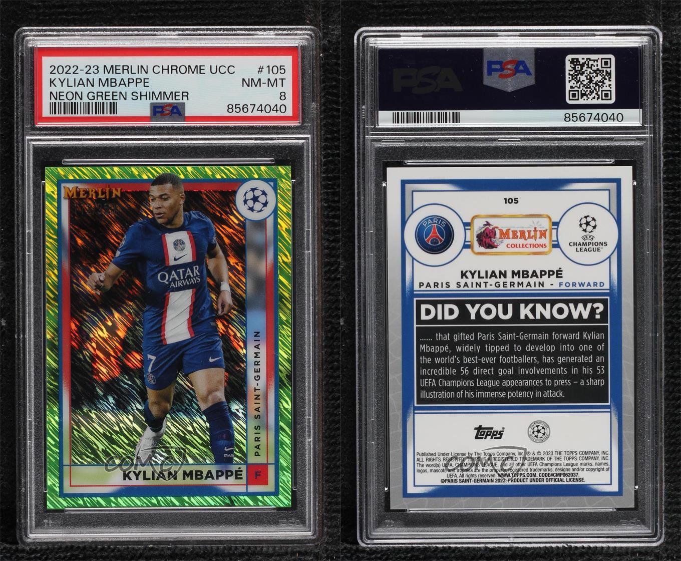 Merlín 2022 UEFA Clubes Competiciones Neón Verde Brillo Refractor Kylian Mbappé - Imagen 3 de 3