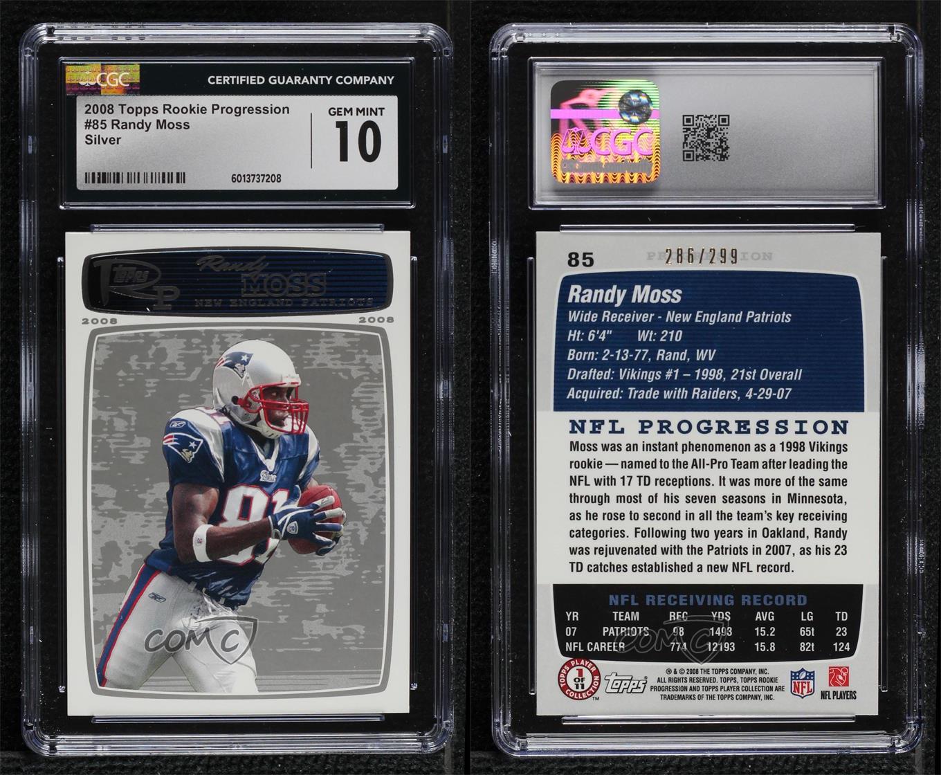 2008 Topps Rookie Progression Silver /299 Randy Moss #85 CGC 10 Gem Mint HOF - Picture 3 of 3