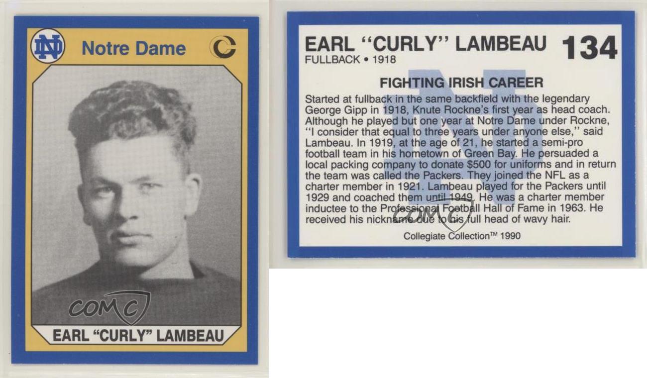 Autograph Warehouse 91362 Curly Lambeau Football Card Notre Dame 1990  Collegiate Collection No. 134 at 's Sports Collectibles Store