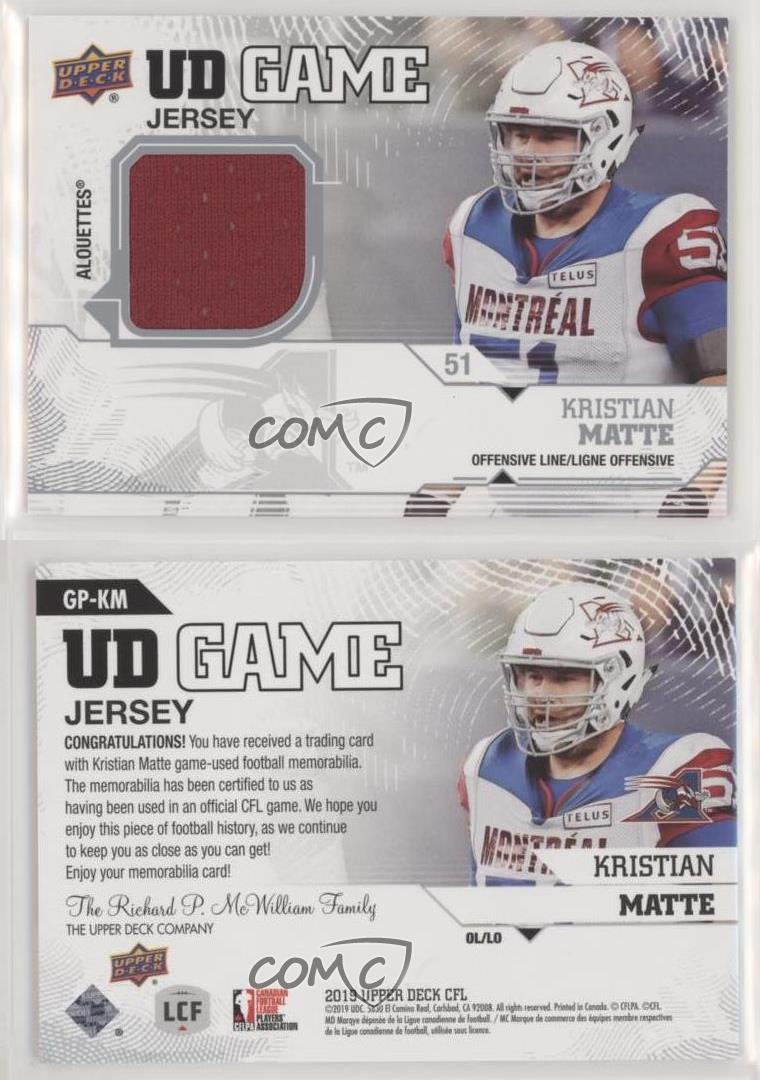 2019 Upper Deck CFL UD Game Worn Jersey Kristian Matte GP-KM