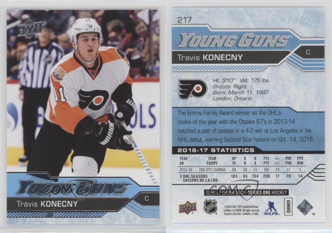 2016 upper deck 217 young guns travis konecny philadelphia flyers rc philadelphia flyers konecny