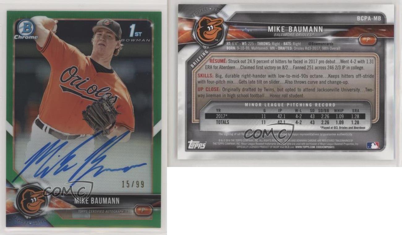 2018 Bowman Chrome Prospect Auto Green Refractor /99 Mike Baumann #BCPA-MB Auto