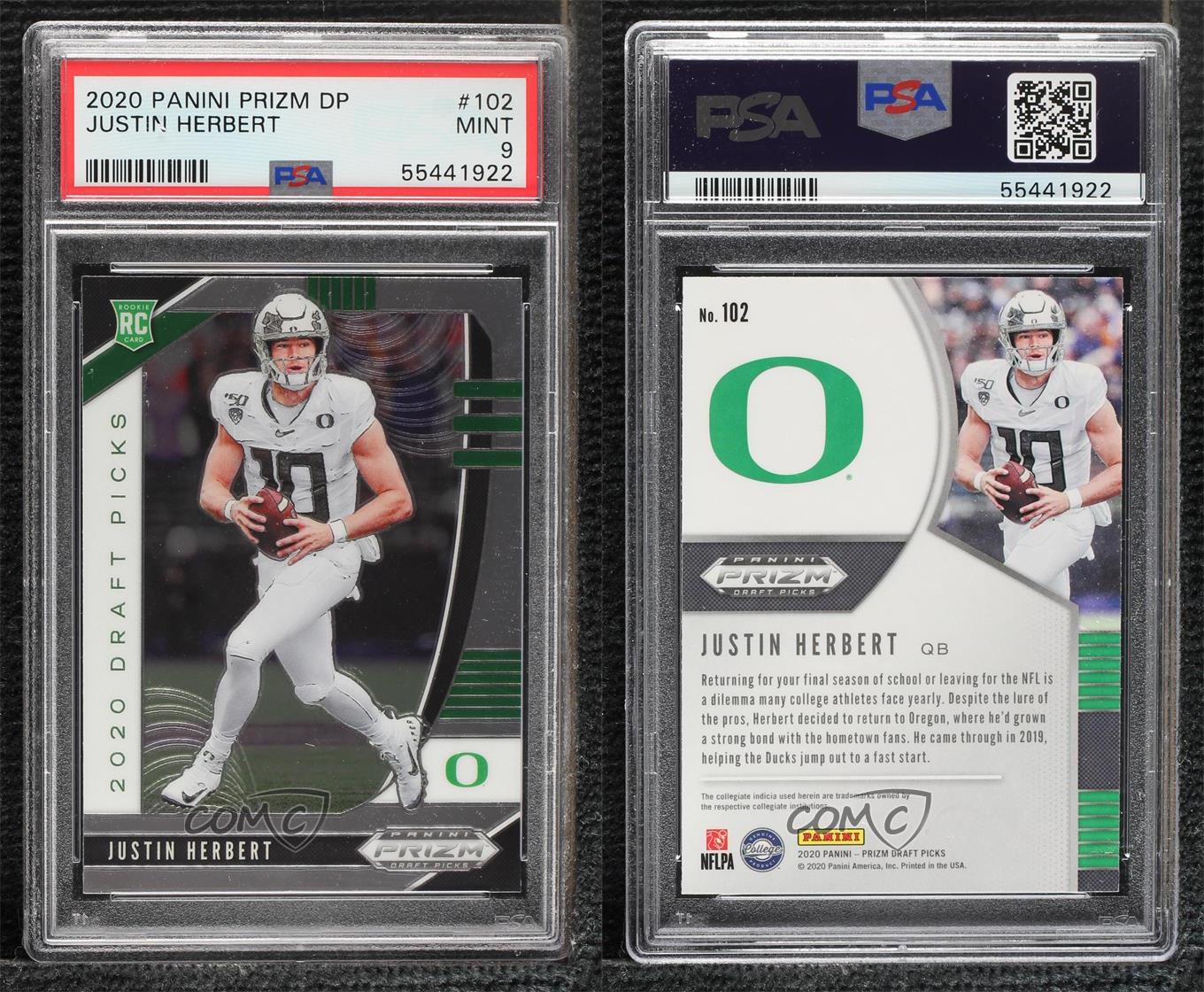 2020 PANINI PRIZM DRAFT PICKS JUSTIN HERBERT #102 ROOKIE CHARGERS RC PSA 9  MINT 51876569 - AA Mint Cards