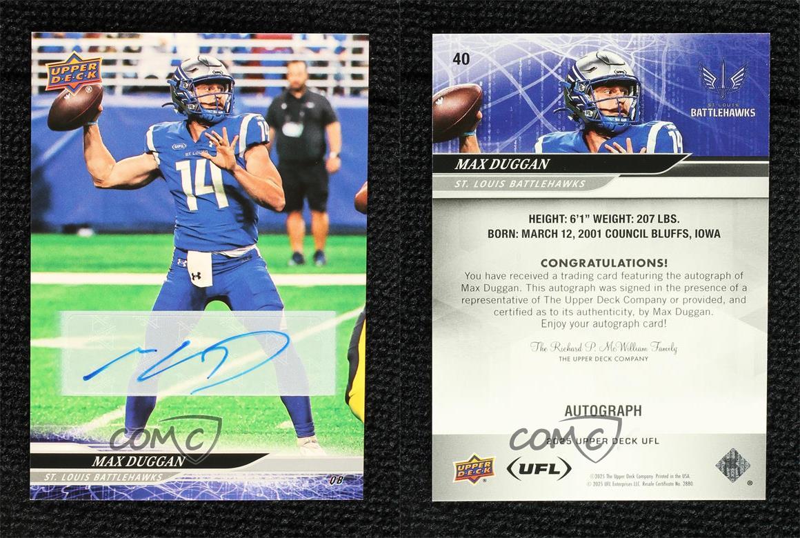 2025 Upper Deck UFL Auto Max Duggan #40 Auto - Picture 4 of 4