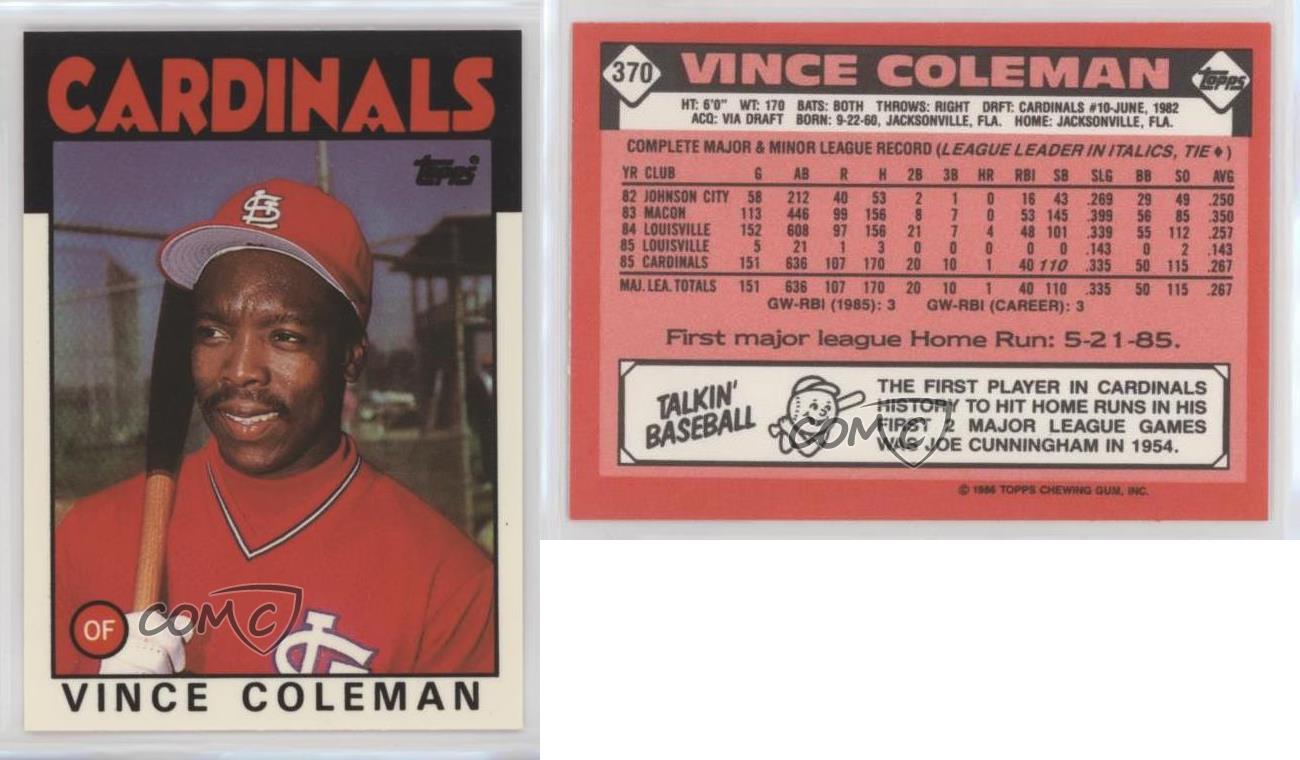 Vince Coleman 1986 Topps RC #370 St Louis Cardinals Lot of 2 Rookie Card