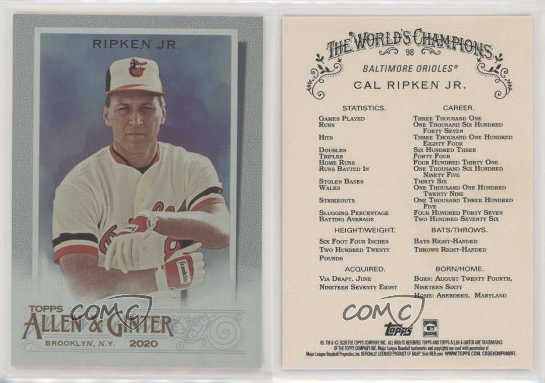 2020 Topps Allen & Ginter's Hot Box Silver Ritratto Cal Ripken Jr #98 HOF - Foto 4 di 4