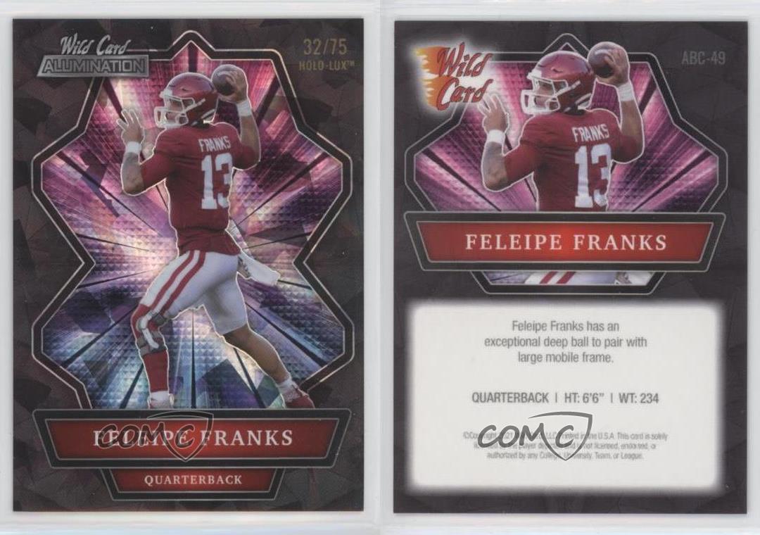 2021 Wild Card Allumination Holo-Lux Nero /75 Feleipe Franks #ABC-49 Rookie RC - Foto 3 di 3