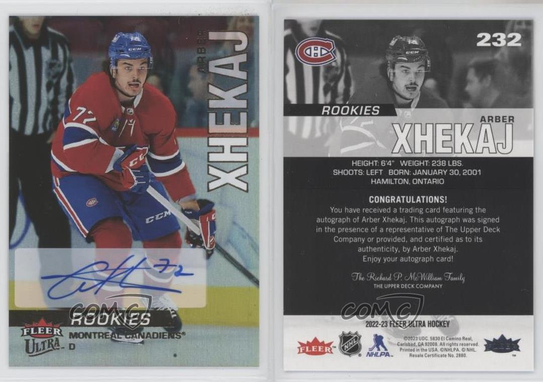 2022-23 Upper Deck Fleer Ultra Rookies Rainbow Foil Arber Xhekaj Rookie Auto RC - Imagen 3 de 4