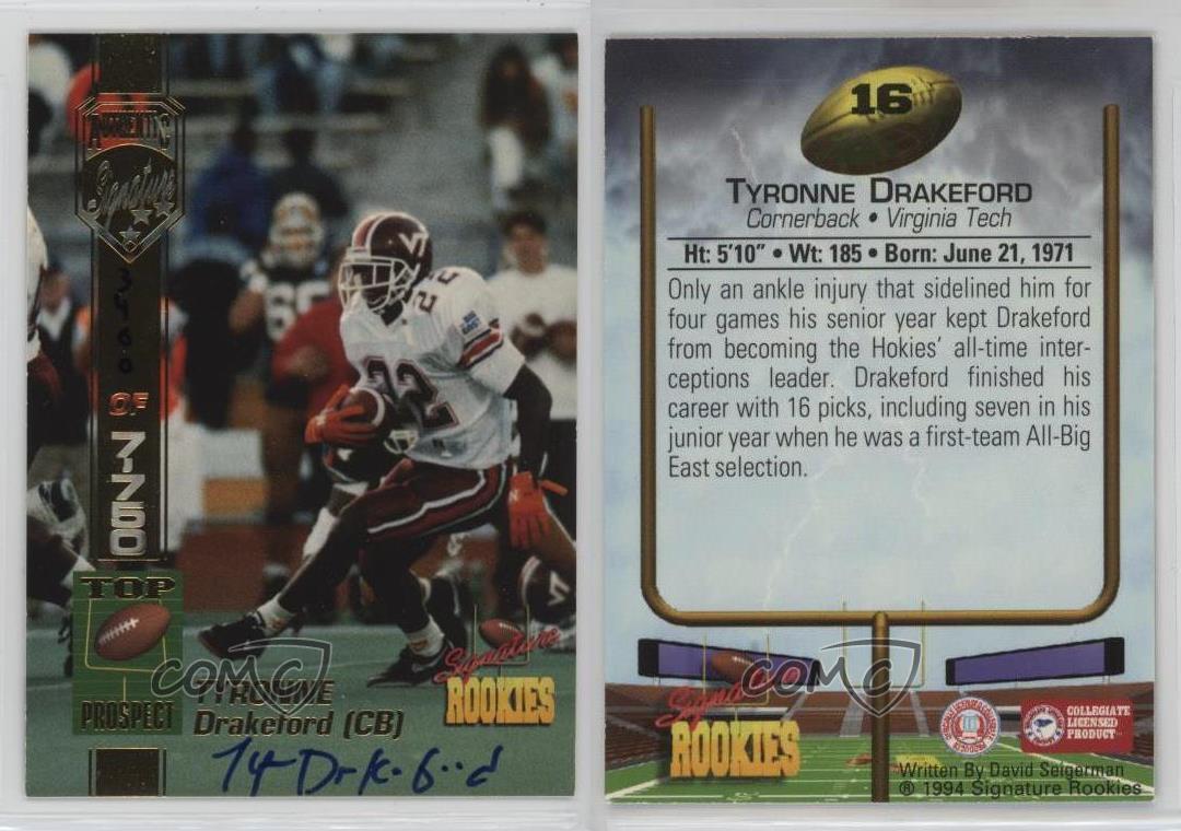 1994 Signature Rookies Authentic Signatures /7750 Tyronne Drakeford #16 Auto RC