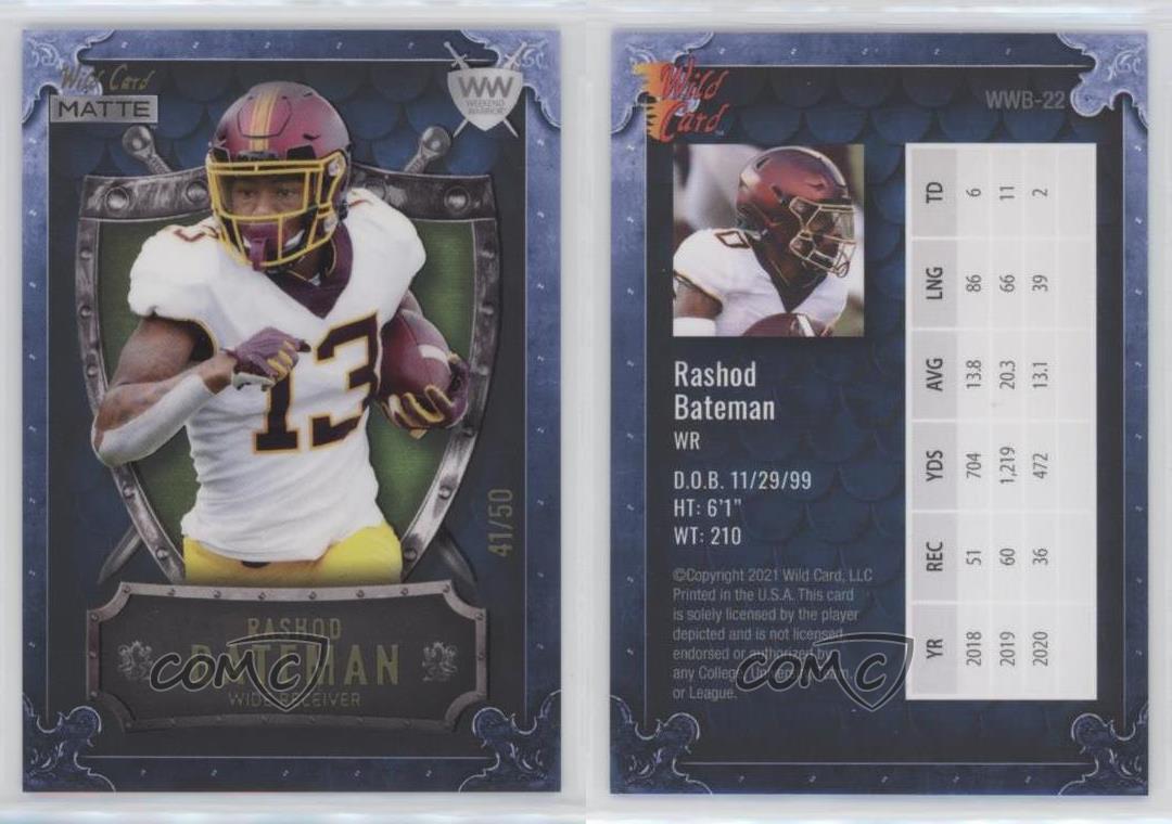 2021 Wild Card MATTE Chase Blue - Green /50 Rashod Bateman Rookie RC Shield - Picture 3 of 3