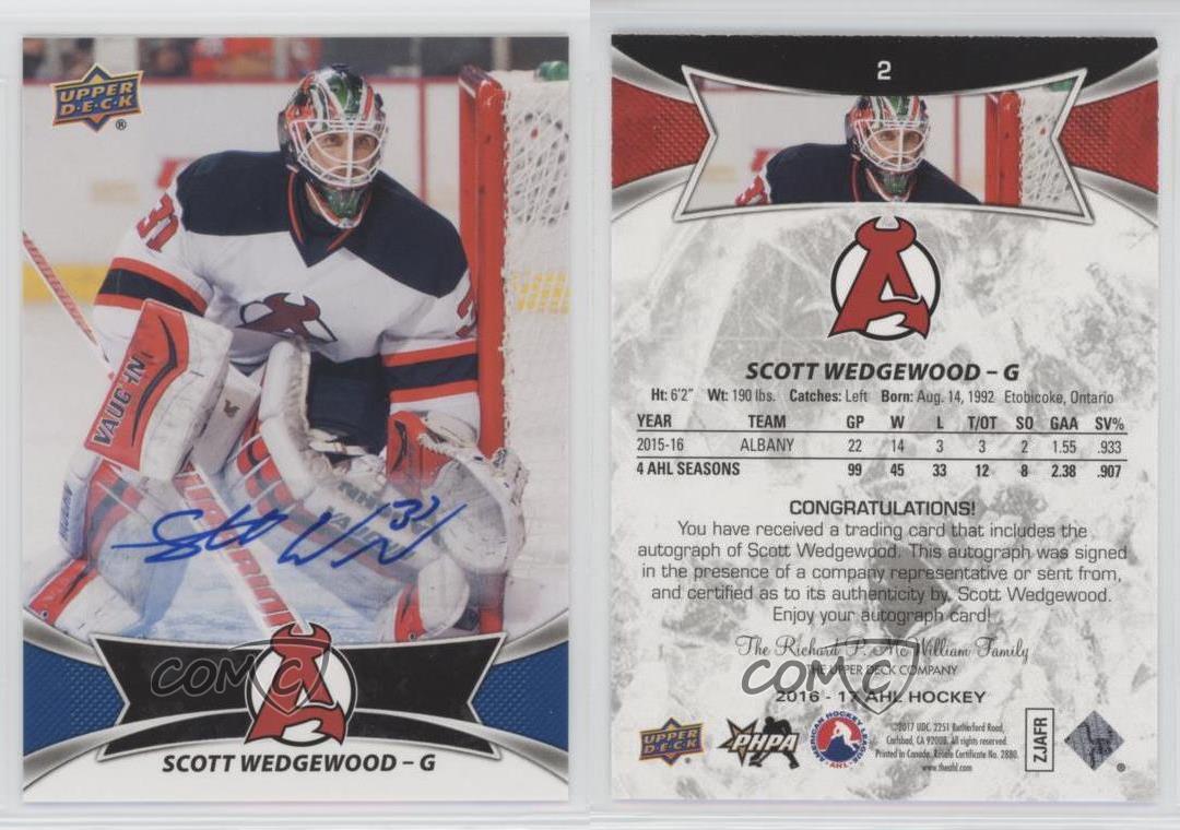 2016-17 Upper Deck AHL Auto Scott Wedgewood #2 Rookie Auto RC