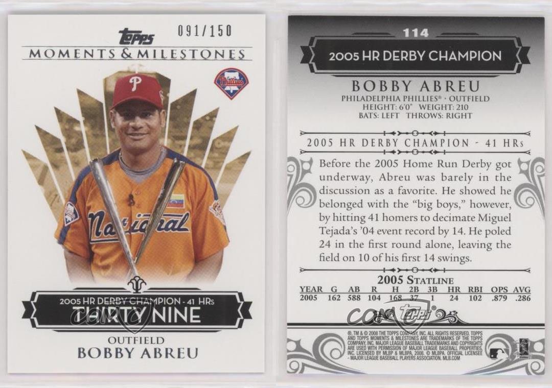 2008 Topps Moments & Milestones /150 Bobby Abreu (2005 HR Derby Champion 41 HRs) - Foto 3 di 3