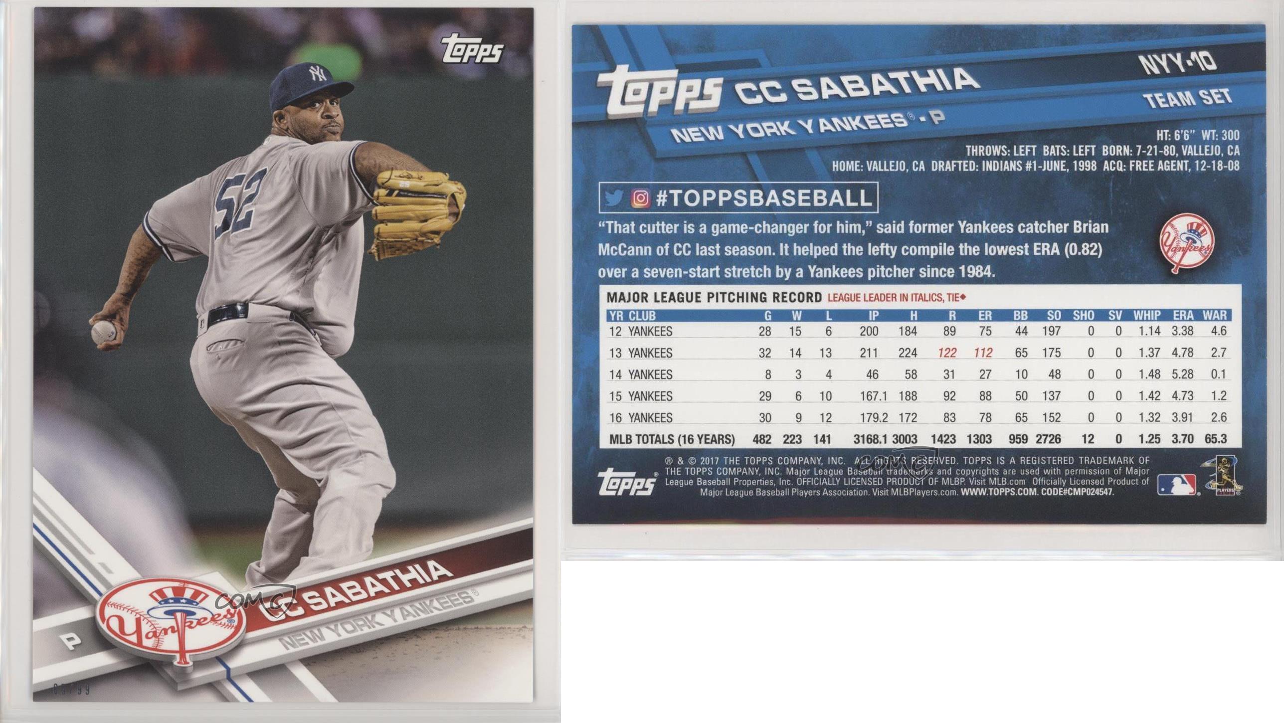 CC Sabathia 2017 Topps Baseball 25 Card Lot New York Yankees #NYY-10