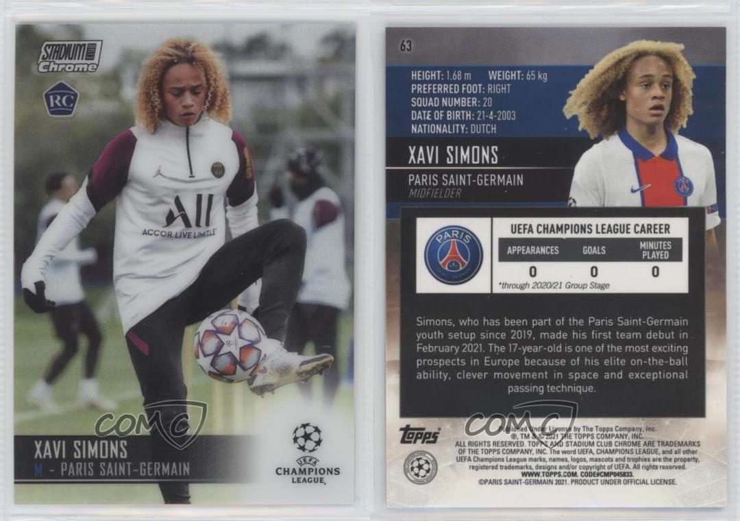 2020-21 Topps Stadium Club Chrome UCL Xavi Simons #63 Rookie RC - Picture 5 of 7