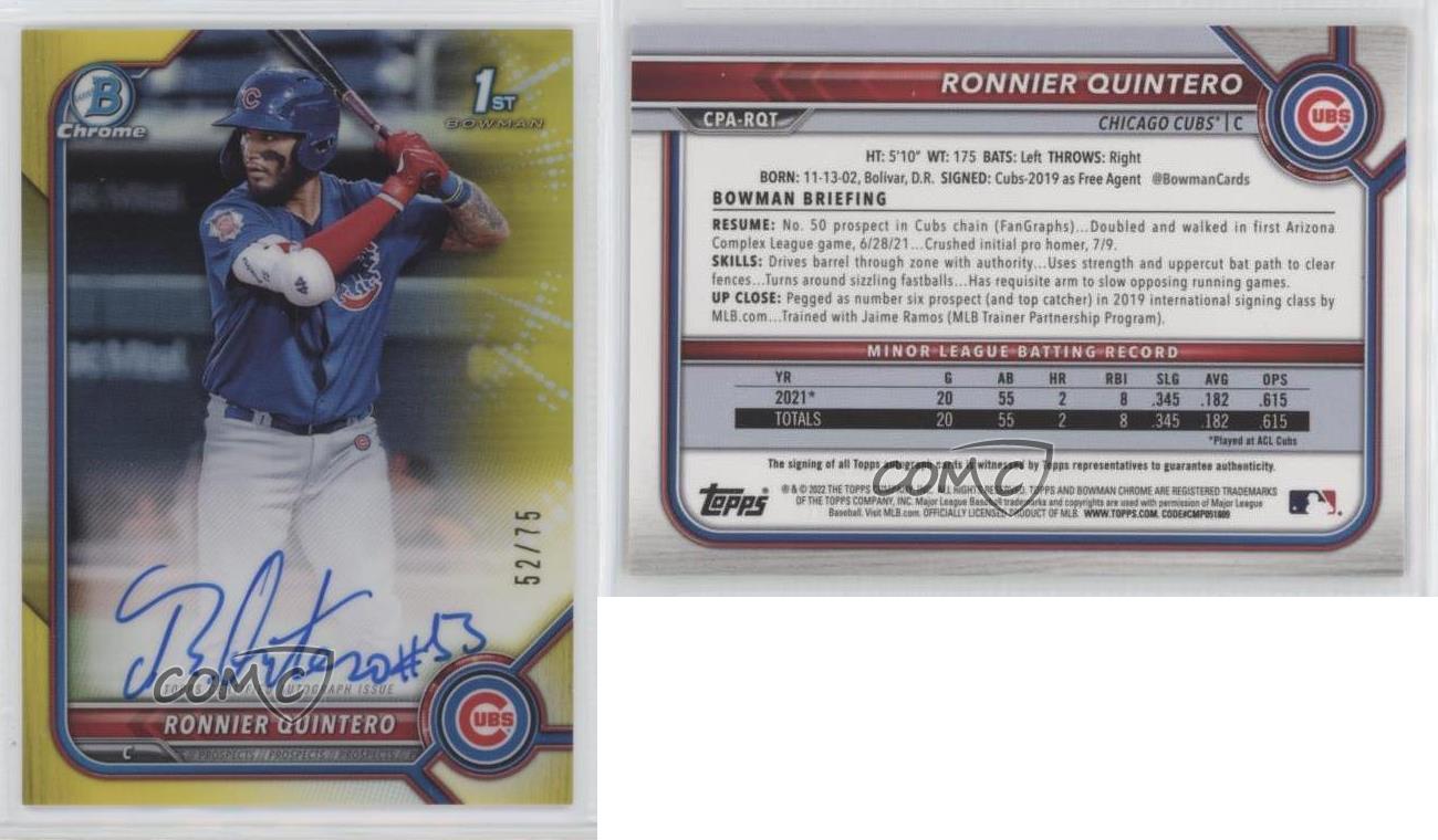 2022 Bowman Chrome Prospect Yellow Refractor /75 Ronnier Quintero #CPA-RQT Auto