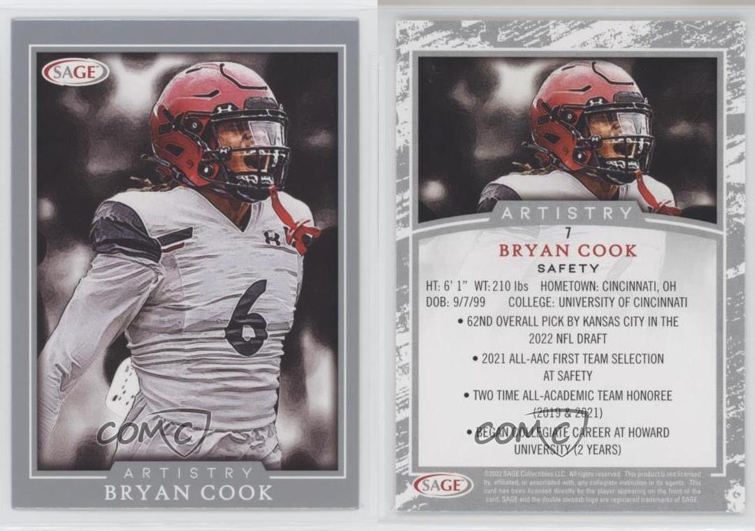 2022 SAGE ARTISTRY ~ BRYAN COOK #7 ~ RC ROOKIE CARD ~ KANSAS CITY CHIEFS  NFL