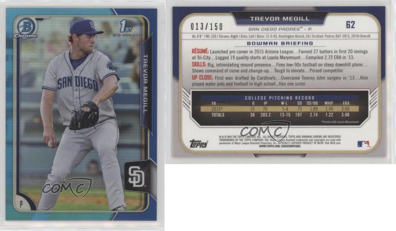 2015 Bowman Draft Chrome Blue Refractor /150 Trevor Megill #62 - Picture 3 of 4